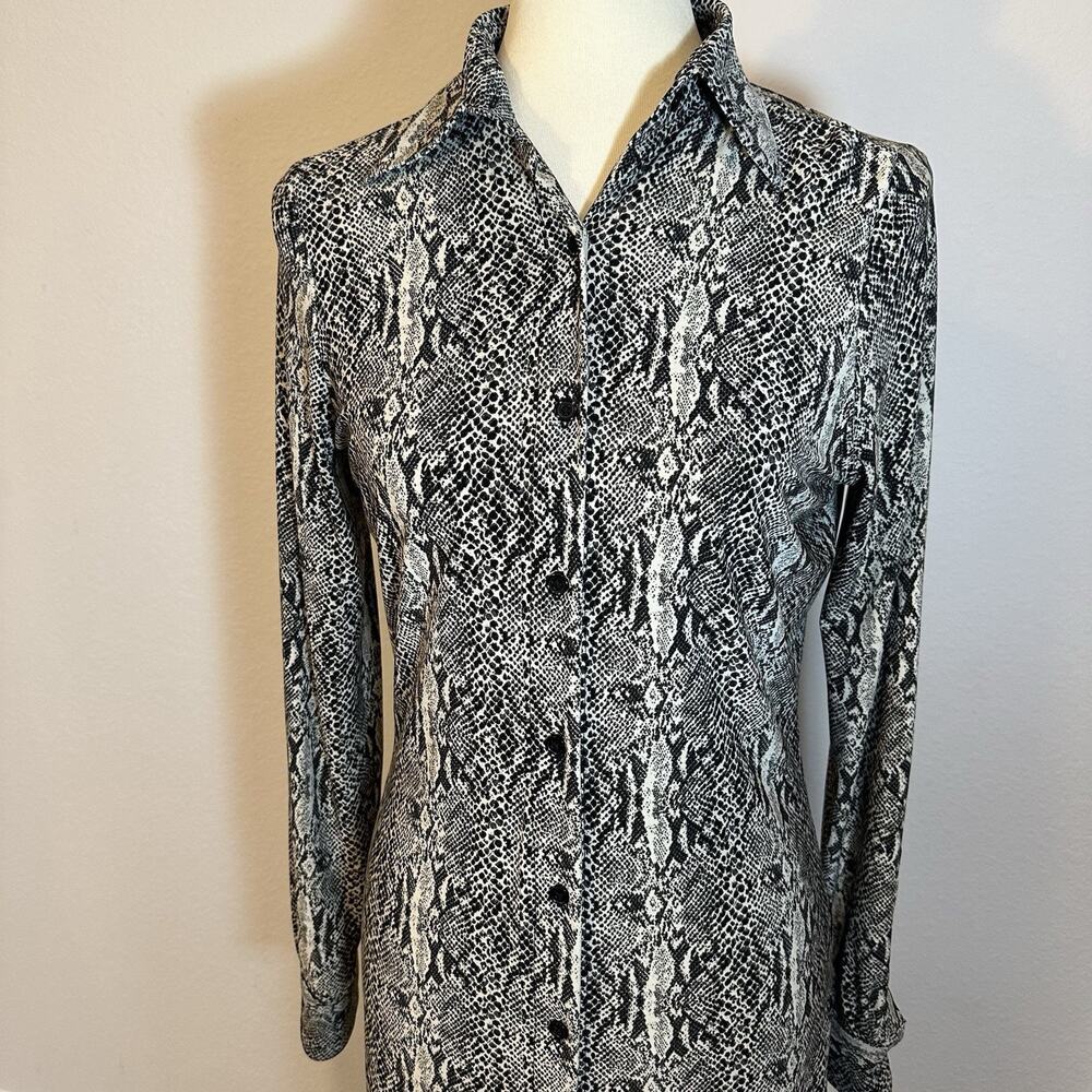 Norma Kamali Snakeskin Long Sleeve Dress Bodycon Button Up Gray Jersey Stretchy - Picture 7 of 13
